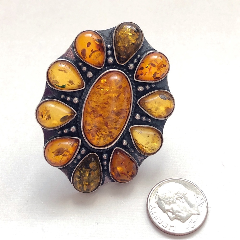 Stunning Gigantic Vintage Polish Amber Sterling Silver Ring